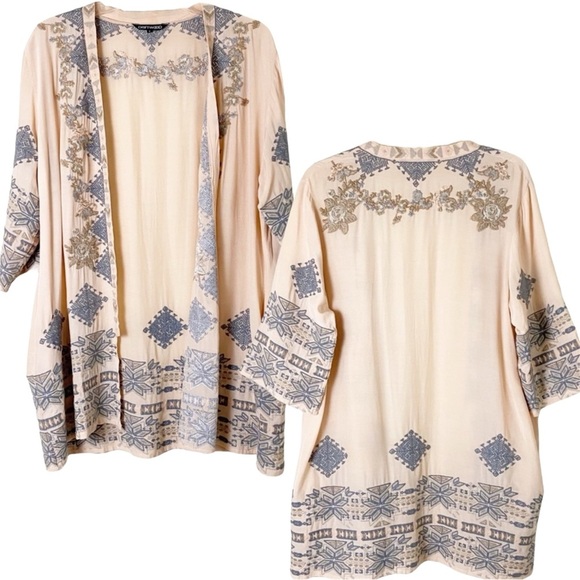 Driftwood Joelle Peach Embroidered Open Front Topper Cardigan Boho Peasant Small - Picture 3 of 16
